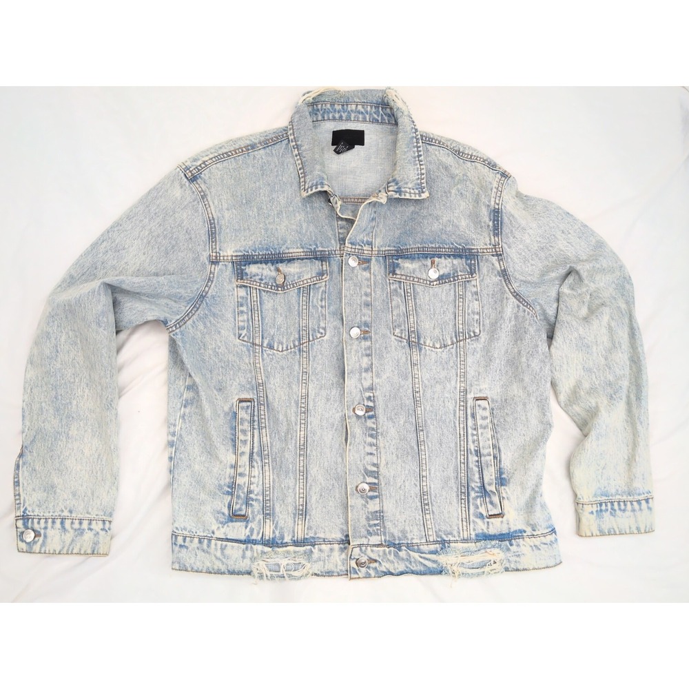 Forever 21 Men's Blue Jean Jacket XL Button Front Logo Distressed Worn Torn